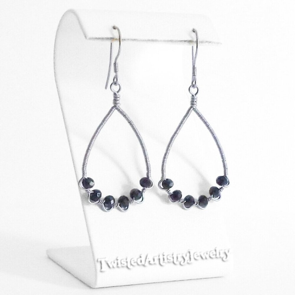 Black Crystals Wire Wrapped ZigZag Teardrop Hoop Earrings